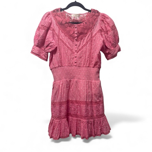 LoveShackFancy Jaislyn Boho Coquette Mini Dress | Hot Pink Guava Cherry | Medium - Picture 4 of 4